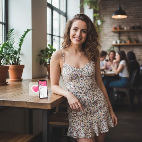 A striking 24-year-old woman, Jane, embodies a contemporary romantic vibe, captured in a relaxed yet alluring pose in a chic urban café setting, projecting the essence of modern dating culture as represented in the Hinge app. Dressed in a fitted sundress adorned with delicate floral patterns, she radiates youthful charm and confidence as she leans casually against a rustic wooden table. Her tousled waves cascade gracefully over her shoulders, framing her radiant smile. Soft natural light filters through large windows, creating a warm, inviting atmosphere while highlighting her fresh makeup featuring soft pink tones. The composition captures her as a relatable yet aspirational figure within the modern dating landscape, eliciting feelings of warmth and connection.