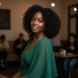 A striking portrait of Jane, a 29-year-old Black woman, exuding confidence and allure within the intimate ambiance of a Hinge-themed setting. She wears a form-fitting, emerald green chiffon dress with delicate ruffles cascading from the shoulders, the fabric glowing softly in the warm, ambient lighting. Her hair is styled in voluminous natural curls that frame her face beautifully. With a slight, playful tilt of her head and a knowing smile, she engages the viewer, embodying modern romance and genuine connection. The backdrop features subtle, blurred elements of a stylish café, enhancing the narrative of digital dating and modern love. The composition captures both sophistication and approachability, with a depth of field that focuses on her captivating presence, inviting admiration and intrigue.