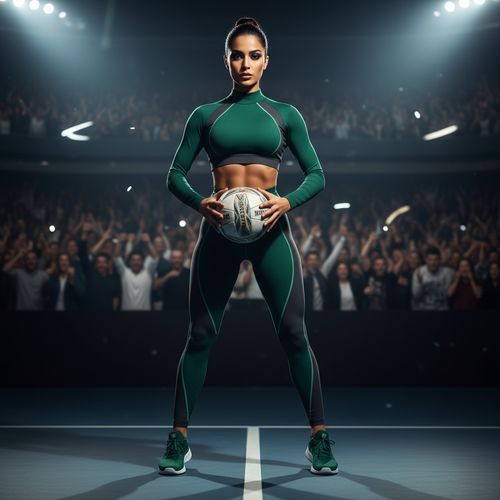 A stunning Arab woman, Jane, aged 26, embodies strength and passion as she stands poised in a high-fashion sports editorial. Dressed in a form-fitting athletic ensemble of deep emerald green and charcoal, the outfit features sleek panels and dynamic lines that accentuate her athletic build and agility. Against the backdrop of an electrifying match setting, she holds a match ball confidently, exuding an air of determination and readiness. Her hair is pulled back into a sleek bun, revealing striking makeup that highlights her eyes. The composition captures the tension of the moment, with dynamic lighting casting dramatic shadows, evoking a sense of power and excitement in the atmosphere. This image channels the culture of sport while seamlessly merging it with high fashion aesthetics.