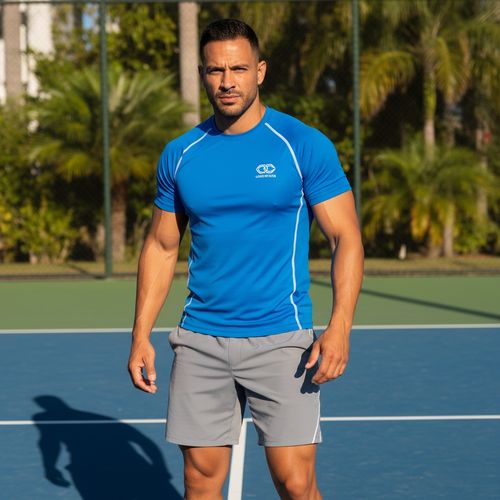 David, a striking Latin male figure aged 34, exuding confident charisma as he prepares for a match on a sun-drenched court. Clad in a tailored, fitted athletic ensemble featuring an electric blue short-sleeve jersey with white accents and sleek gray performance shorts, his athletic build is highlighted by the precise cut of the fabric. His determined focus, evident in his narrowed eyes, showcases the fierce competitive spirit of a champion. The golden lighting emphasizes his chiseled jawline and sculpted physique, casting dramatic shadows behind him. The beautifully manicured court with vibrant green foliage creates an invigorating atmosphere, enhancing the energy and anticipation of the game, embodying passion and aspiration, perfectly suited for a leading fashion publication.