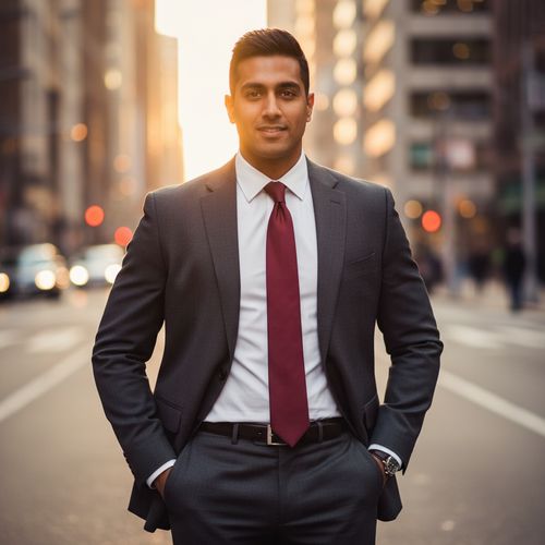 Michael, a striking Indian male figure aged 29, exuding charisma and confidence, stands poised in a bustling city street. He is impeccably dressed in a tailored charcoal suit made of fine Italian wool, paired with a crisp white dress shirt and a luxurious merlot-hued silk tie. His posture is dynamic yet relaxed, with one hand in his pocket and the other on his hip, showcasing effortless sophistication. The evening lights create a vibrant urban atmosphere, and the golden hour sunlight outlines his silhouette, emphasizing his athletic build and warm gaze. The scene embodies a celebration of modern masculinity, suited for a high-profile fashion editorial, inviting engagement with Michael's story. The background features soft bokeh, focusing intently on his confident expression thanks to a shallow depth of field.