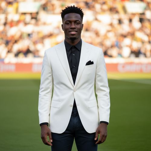 A striking portrait of James, a 26-year-old Black male, exuding confidence and charisma as he stands poised on a vibrant match field. Dressed in a crisp, white tailored blazer over a black pocket square and fitted dark trousers, he blends elegance with athleticism. His strong jawline is complemented by a subtle smile, while his hair is styled in a modern fade. The background is a blur of cheering crowds and vivid colors, capturing the exhilarating atmosphere of a match day. The sunlight casts a golden glow, enhancing the dramatic tension and bringing forth an aura of triumph. This image not only highlights James's fashion but embodies the fervor of sports culture, creating a perfect synergy of style and spirit.
