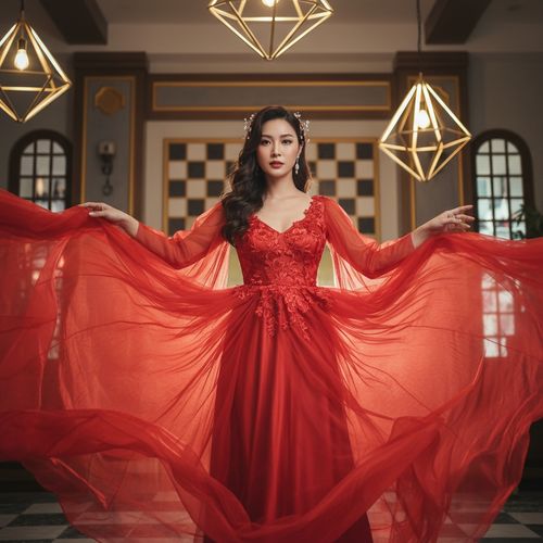 A stunning 29-year-old Asian woman named Emily is captured in a fashion-forward match-themed editorial. She is styled in a fiery red silk dress with intricate floral embroidery and layers of tulle that billow dramatically around her. The backdrop features a sophisticated blend of classic and contemporary elements, resembling a stylish match venue. Her hair cascades in gentle waves, adorned with delicate floral pins that echo the embroidery of her dress. The lighting is soft yet vivid, creating an ethereal glow around her. Emily's pose is confident, echoing the spirit of a competitive yet graceful match, and her expression exudes determination and elegance, embodying both strength and femininity. This composition narrates a story of modern empowerment immersed in glamour.