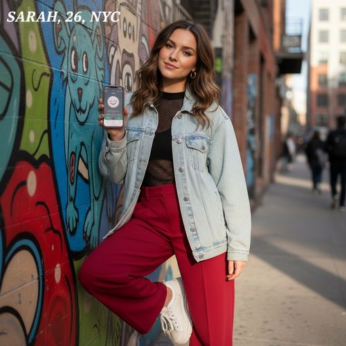 A 26-year-old white female, Sarah, embodies contemporary chic in a modern urban setting reminiscent of Ok Cupid profiles. She stands confidently on a graffiti-adorned street, wearing a fitted, oversized denim jacket layered over a sleek black mesh top, paired with high-waisted crimson trousers that elongate her legs. Her hair is styled in loose waves cascading over her shoulders, and she sports minimal yet striking makeup that enhances her natural beauty. The scene captures her leaning casually against a colorful mural, a smartphone in hand, exuding a sense of approachability and self-assuredness. The ambiance conveys youthful energy and the thrill of modern dating, emphasizing connection and individuality in an ever-evolving digital world.