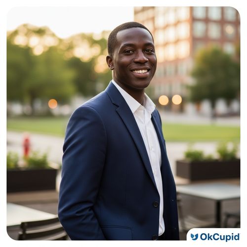 A 27-year-old black male, Michael, embodies the charm of a modern romantic in a stylish dating profile shoot for Ok Cupid. He is dressed in a tailored navy blazer over a crisp white shirt, with a casual yet sophisticated look that radiates confidence. The background features a softly blurred urban setting, hinting at an inviting café or park. Michael stands with a slight tilt of his body, his hands casually in his pockets, exuding approachability. His expression is warm, with a genuine smile that engages the viewer, highlighting his easy-going personality. The lighting is natural and flattering, emphasizing the rich warmth of his skin tone, suggesting a comfortable, inviting atmosphere perfect for a first date. The overall composition conveys a sense of optimism and connection, ideal for a contemporary dating vibe.