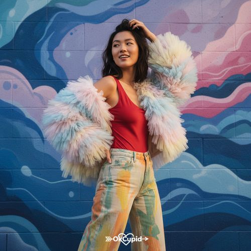 Emily, a captivating 25-year-old Asian woman, embodies the allure and curiosity of modern dating, set against a vibrant urban backdrop rich with swirling blues and pinks from a mural. She wears a fitted ruby red bodysuit made of luxurious stretch silk paired with abstract print high-waisted denim trousers, topped with a whimsical oversized pastel tulle jacket. Captured in mid-turn, her confident pose showcases her dynamism, with her left arm raised gracefully near her tousled hair while her right hand rests on her hip. The soft, diffused lighting gives a golden hour glow, creating an inviting atmosphere that resonates with the thrill of online encounters. The composition highlights her engaging expression and the emotional backdrop of self-discovery in love. This editorial shoot explores the essence of modern dating and self-expression on platforms like OkCupid.