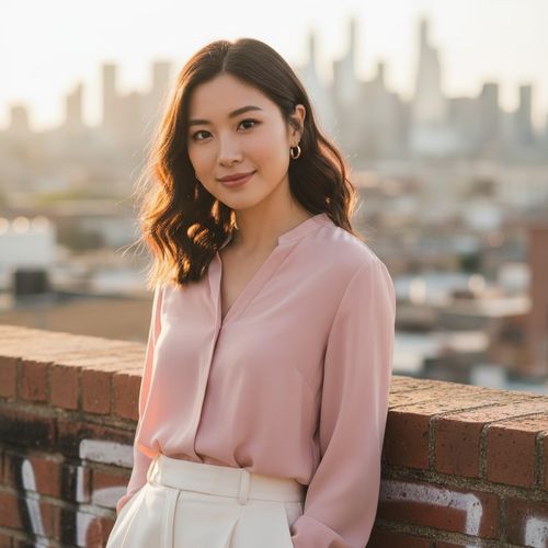 Emily, a captivating 23-year-old Asian woman, exuding modern romance, poses for an intimate portrait suitable for her OkCupid profile. She wears a soft blush chiffon blouse and high-waisted ivory trousers, perfectly highlighting her silhouette. Her tousled shoulder-length hair frames her heart-shaped face, accentuated by delicate gold hoop earrings. Against a sun-drenched cityscape and a weathered brick wall, she leans slightly, her gaze directed at the camera, radiating warmth and approachability. Bathed in golden hour light, she emanates an ethereal glow that enhances her youthful exuberance. Her inviting expression, with a subtle hint of playful curiosity, captures the essence of youthful charm and modern romance, all while maintaining a balance between urban texture and elegant negative space.