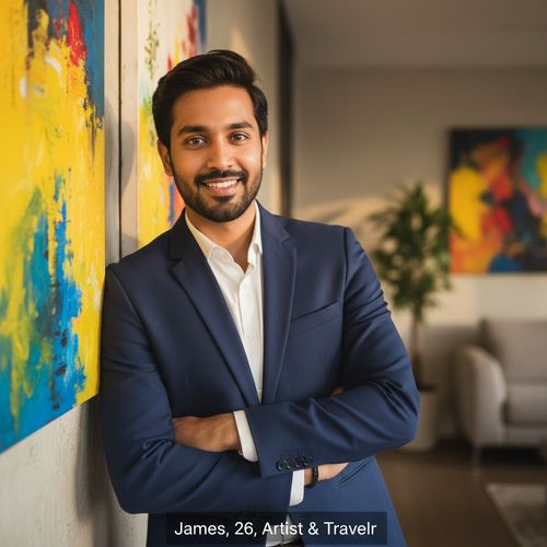 A composed Indian male, James, aged 26, photographed in a modern, relaxed setting that evokes the atmosphere of an Ok Cupid profile. He wears a tailored navy blazer over a crisp white shirt, exuding a suave yet approachable vibe. His posture is casual, leaning slightly against a stylish backdrop decorated with colorful abstract art, suggesting creativity and charm. The lighting is warm and inviting, highlighting his captivating smile and expressive eyes. James's hair is neatly styled, and he sports a light stubble that adds to his rugged allure. This image captures the essence of contemporary dating culture with a blend of sophistication and authenticity.