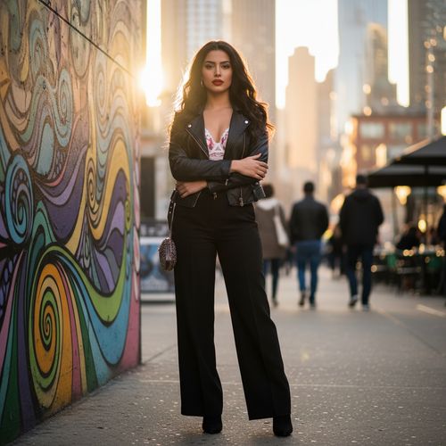 A 25-year-old Arab woman, Emily, is depicted in a contemporary urban setting that captures the essence of a modern dating scene. She stands confidently against a graffiti-covered wall, wearing a chic fitted black leather jacket over a delicate lace top, paired with high-waisted trousers that elongate her silhouette. The playful sunlight filters through the cityscape, casting a warm glow, while her piercing gaze invites connection. Emily's long, wavy hair spills over her shoulders, and her makeup features a striking, bold lip. Her body language is open and approachable, exuding a mix of confidence and vulnerability, perfectly embodying the modern dating landscape in today's world.