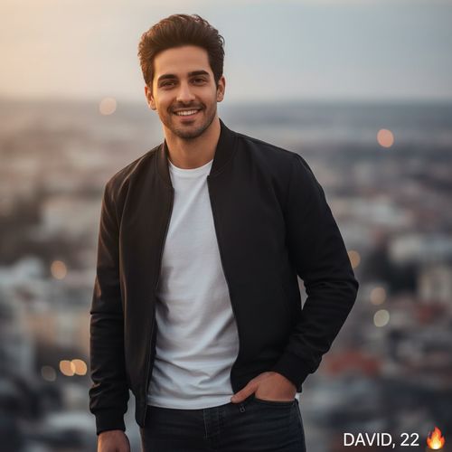 A charismatic young Arab male, David, aged 22, captured in a candid portrait that perfectly encapsulates the spirit of modern dating on Tinder. He wears a stylish, fitted black bomber jacket over a crisp white t-shirt, paired with dark skinny jeans that highlight his lean physique. His hair is artfully tousled, matching his easygoing yet confident demeanor. The background is a soft, blurred cityscape, hinting at a trendy urban vibe. The lighting is warm and inviting, casting a gentle glow that enhances his charming smile, inviting connection and creating an engaging impression of contemporary romance.