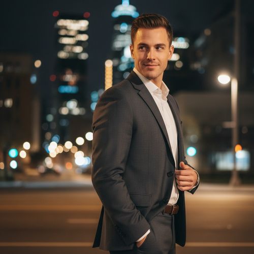 Michael, a charismatic 31-year-old white male, dressed in a tailored charcoal suit with a crisp white shirt, glances over his shoulder with a hint of a smirk. The atmospheric night cityscape behind him is illuminated by soft street lights and distant skyscrapers, creating allure and intrigue. His relaxed pose, with one hand in his pocket and the other adjusting his lapel, projects charm and confidence. The warm, inviting lighting highlights his chiseled jawline and expressive eyes, reminiscent of a captivating Tinder profile photo, inviting viewers into a world of modern romance and connection.
