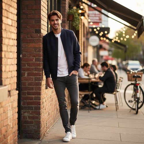 A striking male figure, John, aged 26, captured in an urban setting reflecting the modern romance of Tinder. He stands near a café, casually leaning against a brick wall, dressed in a tailored navy bomber jacket over a crisp white tee, paired with slim-fit charcoal jeans. His tousled hair frames a handsome face adorned with a playful smirk, his confident gaze directed toward the camera, exuding magnetism and approachability. Warm, golden hour lighting dances on the scene, enhancing the textures of his outfit and the rugged charm of the surroundings. The composition embodies a contemporary vibe—effortlessly cool and inviting, perfect for a digital-era love narrative.