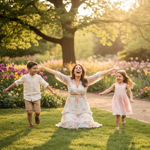A joyful woman in a floral dress smiles widely while kneeling on the grass, surrounded by colorful flowers, alongside a smiling boy in a white shirt and a girl in a pink dress as they play together in a sunlit garden.