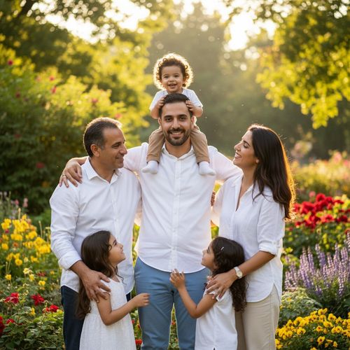 A 27-year-old Middle Eastern man, James, exuding warmth and approachability, captured in a candid family portrait in a sunlit park. He is wearing a crisp white button-up shirt with rolled sleeves and light blue chinos, showcasing a casual yet polished aesthetic. Surrounding him are his family members, with gentle smiles and affectionate gestures, embodying the essence of familial bonds. The scene is framed by lush green trees and vibrant flowers, creating an inviting atmosphere. The sunlight filters through the leaves, casting a soft glow on their faces, radiating happiness, love, and togetherness in this precious moment.