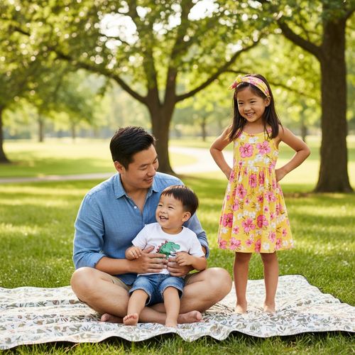 A father sitting on a picnic blanket in a park, holding his smiling toddler son, while his daughter stands beside them wearing a floral summer dress, surrounded by greenery.
