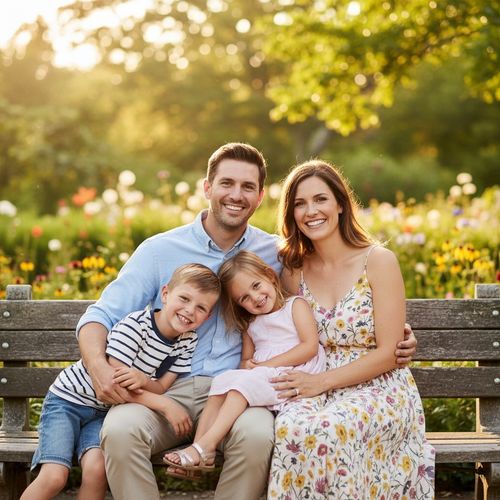Happy family portrait in a floral park setting, featuring two children and their parents, smiling and sitting together on a bench during golden hour.