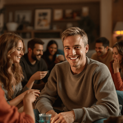 A 30-year-old male, John, sitting in a cozy living room setting with his family. He has short hair and a friendly smile, dressed casually in a comfortable sweater. Surrounding him are family members of diverse backgrounds, all engaging in a cheerful game, embodying a sense of togetherness and warmth. The room is warmly lit, filled with personal touches that reflect family life and happiness.