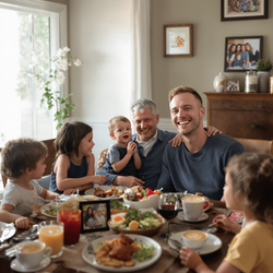 A 30-year-old male named John is captured in a warm family setting, surrounded by loved ones. He is smiling and engaging with children while sitting at a cozy dining table adorned with family photos and a delicious meal. The atmosphere is filled with love and joy, enhancing the familial bonds highlighted in the image.