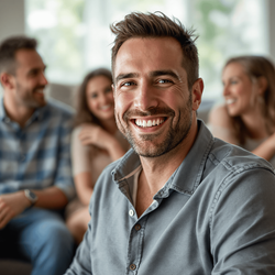 Michael, a 35-year-old male, smiles warmly as he sits in a cozy living room setting surrounded by family. The atmosphere is filled with laughter and love, showcasing the bond between him and his family members. Soft, natural lighting filters through the windows, creating a welcoming and intimate environment for this heartwarming family gathering. Michael's casual attire reflects a relaxed day spent with loved ones, capturing a moment of togetherness.