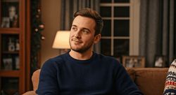 Young man in a navy sweater looking thoughtfully while sitting on a couch in a cozy living room setting, decorated for the holidays.