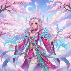 A stunning female model, Emily, aged 29, embodying an anime character in a hyper-realistic setting. She sports elaborate, vibrant costumes that reflect the whimsical nature of anime, with intricate details and bright, fantastical colors. Her long, flowing hair changes shades from pastel pink to electric blue, styled in the signature exaggerated fashion of anime art. The background immerses her in a dreamy, animated landscape filled with cherry blossoms and whimsical clouds, enhancing the fantastical narrative of the shoot. This photograph firmly captures the essence of ROLE-PLAYING and HYPER-REALISTIC art, showcasing a realistic human portraying the flair and artistry of anime.