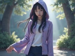 A 23-year-old female model, Emily, role-playing as Hinata Hyuga from Naruto, with Middle Eastern features. She wears a detailed imitation of Hinata's signature outfit: a lavender hooded jacket over a white shirt, paired with navy blue pants. Her long dark hair is styled in a character-accurate look, cascading elegantly over her shoulders. Emily strikes a graceful pose that embodies Hinata's gentle spirit, with soft expressions that convey both shyness and strength. The background features a serene nature scene inspired by the Hidden Leaf Village, complete with ethereal lighting that adds a dreamlike quality to the image. This hyper-realistic portrayal captures the essence of the beloved character, channeling both her elegance and warrior spirit.
