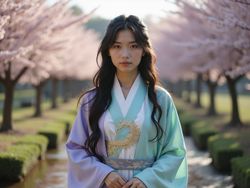 A 23-year-old female, Jane, embodying the character Hinata Hyuga in a hyper-realistic portrayal. She stands in a serene Japanese-inspired garden, wearing a traditional kunoichi outfit that blends delicate teal and lavender hues, accentuated with intricate gold embroidery. Her long, dark hair flows gently over her shoulders, creating a soft frame around her face, which features delicate makeup that highlights her almond-shaped eyes. The setting includes cherry blossom trees in full bloom and a gently flowing stream, enhancing the tranquil atmosphere. The composition captures both the strength and grace of Hinata, with dynamic poses and gentle, yet determined body language. The lighting is soft, mimicking a golden hour glow, creating an ethereal ambiance that encapsulates the character's spirit. This image strikes a balance between cultural depth and character portrayal, inviting viewers into this enchanting world.