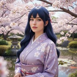 A 27-year-old woman, Sarah, embodying the character of Hinata Hyuga from Naruto, portrayed in a hyper-realistic style. She stands gracefully in a tranquil Japanese garden, surrounded by cherry blossom trees in full bloom. Dressed in a traditional lavender kimono, intricately patterned with cherry blossoms, she exudes an aura of serene strength. Her long, dark hair flows freely, accentuated by gentle waves, while her soft makeup echoes Hinata's natural beauty, featuring a subtle glow and delicate lashes. The lighting captures the soft pastel hues of the blossoms, creating a harmonious atmosphere that reflects her gentle yet determined spirit. The photograph showcases a narrative of transformation and empowerment, resonating with the essence of the character's journey.  ROLE-PLAYING, HYPER-REALISTIC.