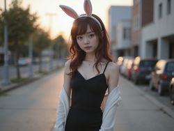 A poised 23-year-old woman, Emily, embodying the character Mai Sakurajima from the anime 'Rascal Does Not Dream of Bunny Girl Senpai.' She has soft, cascading chestnut hair that frames her face, adorned with a delicate hairband featuring bunny ears, enhancing her playful yet mysterious aura. Dressed in a form-fitting black dress that accentuates her figure, the outfit is layered with a white cardigan, which drapes elegantly over her silhouette. Set against a serene urban backdrop, the lighting is soft and warm, highlighting her Latin heritage and creating a dreamlike atmosphere. Her expression is contemplative yet alluring, capturing the essence of Mai’s character with an ethereal quality.