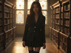 A 23-year-old Latina woman, Olivia, role-playing as Mai Sakurajima, exuding the character's enigmatic charm. She wears a stylish, fitted black school uniform with a tailored blazer and a pleated skirt, paired with thigh-high socks and stylish loafers. The setting is an ethereal library, bathed in soft, golden hour sunlight filtering through stained glass windows, adding a magical ambiance to the scene. Olivia's long, dark hair cascades elegantly over her shoulders, framing her striking features. Her expression is thoughtful yet captivating, embodying the essence of Mai Sakurajima with delicate attention to her character's signature hairstyle and accessories. The composition balances warm and cool tones, capturing a moment of introspective beauty. This hyper-realistic portrayal highlights both character depth and emotional resonance, drawing viewers into a poignant narrative.