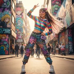 A stunning 25-year-old female named Emily, embodying the character of Marin Kitagawa. She is portrayed with a vibrant, playful aura, dressed in a colorful, form-fitting outfit inspired by contemporary street fashion. The setting is a lively urban backdrop filled with colorful murals and bustling city life, reflecting the dynamic personality of Marin. Her long, dark hair flows freely, adorned with playful accessories that capture her youthful spirit. The lighting is bright and energetic, highlighting her expressive features and the textures of her outfit, creating a lively, engaging atmosphere that encapsulates the essence of the character.
