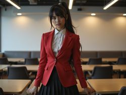 A 24-year-old Indian female, Olivia, portraying Mary Saotome from the anime Kakegurui, exudes captivating confidence and intensity. She wears a sleek, tailored red blazer paired with a fitted black pleated skirt, embodying the traditional yet modern school aesthetic. Her long, dark hair is styled in a high ponytail, with wisps framing her face, and her expression is fierce yet charming, suggesting strategy and determination. The backdrop is a trendy, contemporary classroom filled with stylish furnishings and ambient lighting, creating a balanced contrast between the character’s playful nature and the serious environment. The image captures the essence of Mary’s competitive spirit while maintaining a fashion-forward edge, perfect for a high-fashion editorial.