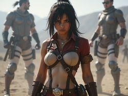 A striking female figure, Olivia, aged 29, embodying the fierce spirit of Mikasa Ackerman from Attack on Titan. She is depicted in a hyper-realistic style, wearing a fitted scout uniform with detailed leather accents, and high-tech gear that exemplifies her character’s warrior prowess. The composition captures the energy of battle through dynamic positioning; Olivia's body is slightly turned, one leg forward, exuding strength and readiness. Her dark, textured hair is styled in a practical, determined manner, framing her focused expression. In the background, shadowy silhouettes of titans loom, creating a sense of urgency and tension. The lighting is sharp, throwing dramatic shadows that accentuate her athletic build and the intricate details of her attire. The atmosphere is intense and vibrant, evoking the bravery of a modern heroine.