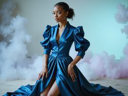 A stunning female model, Sarah, aged 27, embodying the enigmatic spirit of Rem. She wears a beautifully tailored outfit featuring an iridescent deep blue satin blouse with dramatic puffed sleeves, paired with a flowing, asymmetrical skirt that cascades to the floor. Her complexion, rich and radiant, glows against the ethereal setting reminiscent of a dreamscape with soft pastel colors and wisps of mist. Sarah's hair is styled in an elegant natural curl that frames her face, and her makeup emphasizes her striking features with bold, artistic eyeliner and a soft nude lip. Her pose, hands delicately positioned at her waist, projects confidence and grace, with a slight tilt of the head adding an element of intrigue. The soft, diffused lighting creates an otherworldly atmosphere that enhances the overall magical allure of the scene.