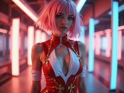 A stunning 29-year-old female, Jane, embodying the character Zero Two from the anime *Darling in the Franxx*. She portrays Zero Two's iconic look with a modern twist: a form-fitting red and white outfit adorned with intricate, golden details reminiscent of her anime roots. Her flowing pink hair is styled into a sleek bob, framing her face, while her bold makeup emphasizes striking features with vibrant accents. The background design incorporates futuristic elements and neon glows, creating a dynamic environment that reflects Zero Two's lively spirit. The photograph combines hyper-realism with an editorial fashion vibe, showcasing Jane's confident pose. The overall atmosphere is one of bold rebellion and playful charm, capturing the essence of a beloved character in a contemporary setting.