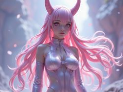 A young woman, Jane, aged 23, embodying the ethereal and captivating essence of Zero Two from the anime series Darling in the Franxx. She has middle eastern features with cascading pastel pink hair styled into two distinctive horns, creating an otherworldly aura. Her outfit is a beautifully tailored, futuristic bodysuit that combines sleek lines and iridescent textures, adorned with intricate detailing that mirrors the character's signature look. The background is a vibrant, surreal blend of colors reminiscent of the anime's striking landscapes, enhancing the dreamlike quality of the image. Soft, diffused lighting highlights her features, creating a magical, enchanting atmosphere. Jane's pose is dynamic and fluid, capturing the essence of Zero Two's playful yet fierce character, embodying both strength and allure in each detail.