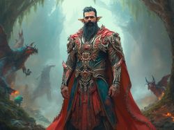 David, a 40-year-old Latin male, dressed in elaborate fantasy cosplay attire. He stands confidently in a mythical setting, surrounded by enchanting landscapes and magical creatures. His costume is vibrant, detailed with intricate designs, and reflects a character from a fantastical realm. The atmosphere is magical and immersive, showcasing the beauty of fantasy and cosplay.