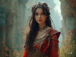 Jane, a 30-year-old Arab female, dressed in a stunning fantasy and cosplay outfit that blends traditional and modern elements. She has long flowing hair adorned with intricate accessories, showcasing a vibrant ensemble with rich colors and detailed patterns. The setting is a fantastical landscape with ethereal lighting, adding to the magical atmosphere, perfect for a cosplay adventure.