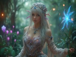 Olivia, a 35-year-old white female, dressed in an elaborate fantasy costume featuring intricate details and vibrant colors, standing in a mystical forest setting. The environment is filled with whimsical elements like glowing plants and magical creatures, capturing the essence of a fantasy world. Olivia's expression is playful and enchanting, embodying the spirit of a fantasy character in a cosplay scenario.