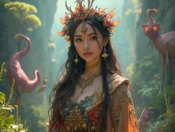 Sarah, a 25-year-old Middle Eastern woman, dressed in an elaborate fantasy cosplay costume that combines traditional and mythical elements. The setting is vibrant and whimsical, filled with fantastical creatures and lush landscapes, emphasizing the magical atmosphere. Her costume is rich in colors and details, reflecting her character's aura within this enchanting world, complete with intricate accessories and makeup that enhances her look, capturing the essence of fantasy. The overall image is striking and immerses viewers in a world of imagination.