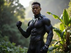 A 26-year-old male model, Michael, embodying the essence of Black Panther in a hyper-realistic ROLE-PLAYING photograph. He is dressed in an intricately designed black bodysuit resembling the advanced armor of Wakanda, complete with subtle silver accents that reflect light. His confident stance exudes power, with one hand positioned in a dynamic fist at his side while the other is raised in a protective gesture. The background features a lush, vibrant jungle with hints of advanced Wakandan architecture peeking through, enhancing the character's regal aura. The lighting is dramatic, with natural rays filtering through the foliage, creating a play of shadows and highlights across his strong features, emphasizing his Asian heritage and the cultural depth of the character.