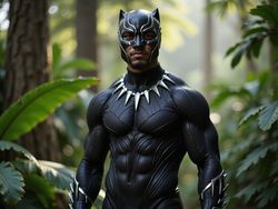 A 23-year-old Indian male, Michael, embodies the formidable presence of Black Panther in an epic ROLE-PLAYING, HYPER-REALISTIC portrait. He wears a meticulously crafted, form-fitting black suit adorned with intricate silver patterns reminiscent of Vibranium, emphasizing the musculature beneath. The backdrop features a lush, verdant jungle, hinting at the lush landscapes of Wakanda, with soft, dappled sunlight filtering through the leaves. Michael's stance is powerful and heroic, capturing the essence of the character. His expression conveys determination and strength, with a subtle smirk indicative of confidence. The lighting is dramatic, casting strong contrasts that highlight the textures of the suit and the rich colors of the jungle. The atmosphere is electric, evoking the majesty and mystery of the superhero's world.