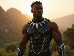 A 26-year-old male, James, embodying the strength and poise of Black Panther, is depicted in a hyper-realistic, action-oriented pose. He wears a meticulously tailored black bodysuit with intricate silver detailing, reminiscent of the Wakandan aesthetics. The backdrop features a stylized African landscape, with dramatic mountains and lush greenery, bathed in the golden glow of sunset. His expression is intense and focused, capturing the essence of a warrior king. The image highlights cultural pride and heroism, with dramatic lighting emphasizing the contours of his muscular physique and the texture of the suit, offering a modern interpretation of the iconic character. This is a ROLE-PLAYING, HYPER-REALISTIC representation that celebrates both the cultural significance and the cinematic power of Black Panther.