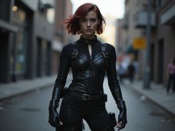 A striking 22-year-old woman, Emily, embodying the fierce persona of Black Widow. She is portrayed in a hyper-realistic style, wearing a sleek black catsuit that accentuates her athletic build while featuring detailed tactical elements like hidden pockets and belts. Her hair is styled in a bold, wavy bob, imbuing her with a modern edge. The setting is a moody, urban environment, with dramatic lighting casting shadows that highlight her fierce expression. She stands in a dynamic pose, one fist clenched and ready, exuding confidence and power. The background showcases a gritty cityscape, merging cinematic elements with high-fashion aesthetics, capturing the essence of a modern superheroine. This portrait straddles the line between fashion and action, creating an image that is both iconic and aspirational.