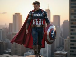 A 24-year-old male, David, role-playing as Captain America, embodying the superhero’s iconic posture and strength. He is dressed in a hyper-realistic and detailed version of the modern Captain America suit, complete with a custom shield featuring the star and stripes design. The setting is a dramatic urban landscape, perhaps a cityscape featuring skyscrapers in the background bathed in early evening light. David stands heroically atop a building, facing forward with one foot on the ledge, his expression a mixture of determination and hope, as if ready to leap into action. The atmospheric lighting adds a warm glow to the scene, accentuating the vibrant colors of his suit and creating a visually striking, cinematic feel.