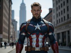 A 29-year-old male, James, embodying Captain America in a hyper-realistic role-playing scenario. He wears a meticulously crafted, tailored suit reminiscent of the iconic superhero, featuring a star emblem on his chest and a combination of navy and red tones. His structured physique enhances the portrayal of strength and heroism. The setting is a stylized urban backdrop, with an imposing skyline suggesting valor and security. James strikes a confident pose, his jaw set, eyes focused on the viewer, radiating determination and noble spirit. The lighting is dynamic, casting dramatic shadows to emphasize the details of the suit and his features. This image captures the essence of a modern hero within an urban landscape, bridging tradition with contemporary culture.