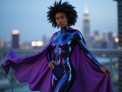 A striking portrait of Emily, a 22-year-old Black female superhero, embodying strength and grace. She stands in a dynamic pose, clad in a sleek, high-tech bodysuit that shimmers with a futuristic iridescent finish, showcasing bold colors of midnight blue and electric purple. A flowing cape billows behind her, catching the light with every movement. Her expression is fierce yet confident, with her natural hair styled in a fierce afro framing her face. The backdrop features a city skyline at dusk, with glimmers of light reflecting off modern architecture, creating an ethereal atmosphere. The composition utilizes dramatic lighting to emphasize the contours of her figure and the luxurious texture of her costume. This hyper-realistic image encapsulates the essence of a superhero ready to take on the world, channeling empowerment and heroism.