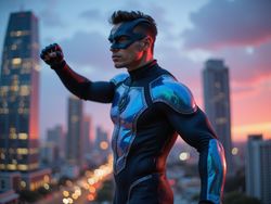 A dynamic portrayal of a 25-year-old male superhero, James, captured mid-action against a vibrant cityscape backdrop at twilight. His muscular build is clad in a sleek, form-fitting suit featuring iridescent panels that shimmer with shades of deep blue and silver. The suit is adorned with intricate motifs that hint at traditional Latin artistry, blending cultural heritage with modern heroics. His face is partially shadowed by a high-tech mask, revealing piercing eyes full of determination and courage. The composition emphasizes his powerful stance, with one fist raised high, ready to launch into flight, embodying the essence of strength and heroism. The ambient city lights twinkle around him, highlighting the bright colors of his outfit, while dynamic lighting and lens flares create an energized and captivating atmosphere.