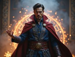 A 26-year-old male, John, embodying the character of Doctor Strange. He stands heroically in an atmospheric setting reminiscent of the mystical Sanctum Sanctorum, draped in a finely tailored, deep navy blue cape over a layered ensemble of rich burgundy and charcoal robes with intricate patterns. The backdrop features swirling mystical energies and floating artifacts, enhancing the magical aura. John's expression is focused and intense, his hand raised in a gesture that commands the vibrant, glowing orange magical runes that orbit him. The soft, ethereal spotlight illuminates his face, casting dramatic shadows that emphasize his sharp features, styled hair, and confident demeanor. This hyper-realistic portrayal captures the essence of mystique and power associated with the iconic character.