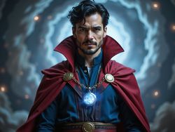 A 29-year-old male, Michael, embodies the mystical aura of Doctor Strange in a hyper-realistic role-playing scenario. Dressed in an intricately detailed costume featuring a deep crimson and navy cloak, he stands confidently against a dramatic, swirling, otherworldly backdrop reminiscent of the multiverse. His elegantly styled black hair frames his face, while a mystic amulet glimmers at his neck, drawing attention with its ethereal glow. His expression exudes charisma and determination, with piercing eyes that hint at his formidable power. The lighting creates an ominous yet enchanting atmosphere, highlighting the textures of his costume and the dynamic movements of magic swirling around him. This image captures the essence of a modern-day sorcerer, evoking a sense of adventure and intrigue.